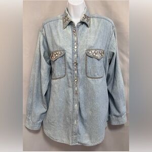 VTG 80s Clodia‎ Dee Studded Denim Top Sz Large Long Sleeve Shoulder Pads Women
